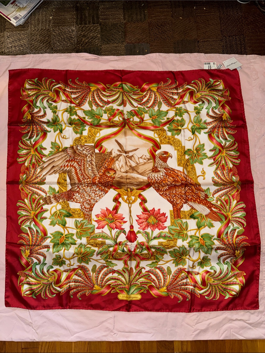 Salvatore Ferragamo Red Floral Silk Scarf With Gold And Green Accents